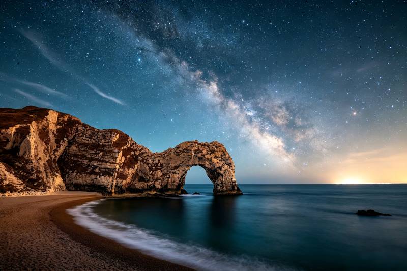 星空下的海蚀拱门夜景图片
