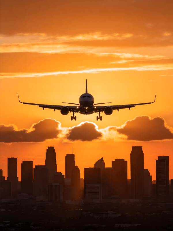 夕阳下飞机降落城市上空图片