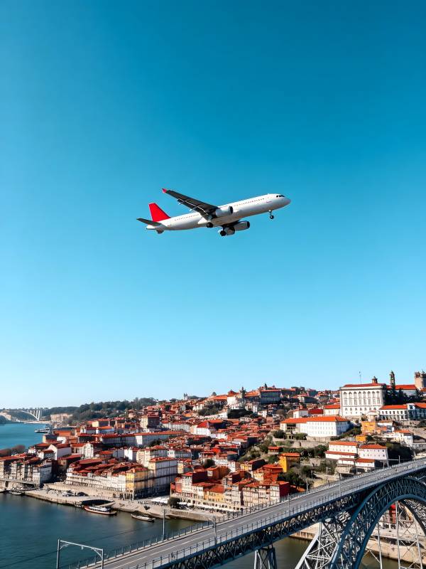 飞机掠过 Porto 老城上空图片