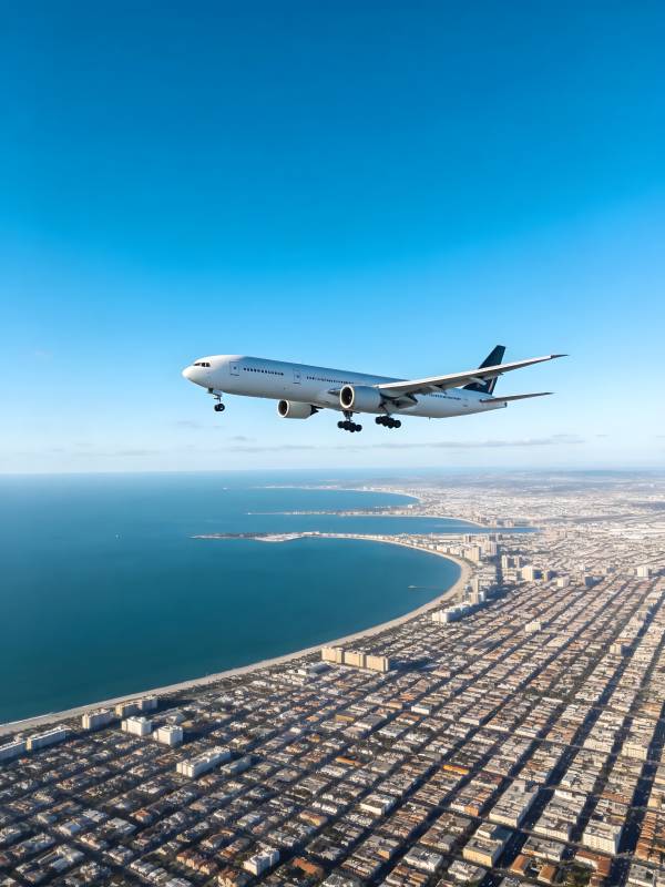 飞机掠过海岸城市上空图片