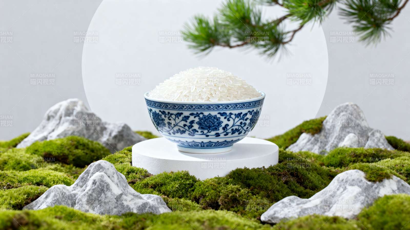 青瓷盛白米 松苔映雅境图片