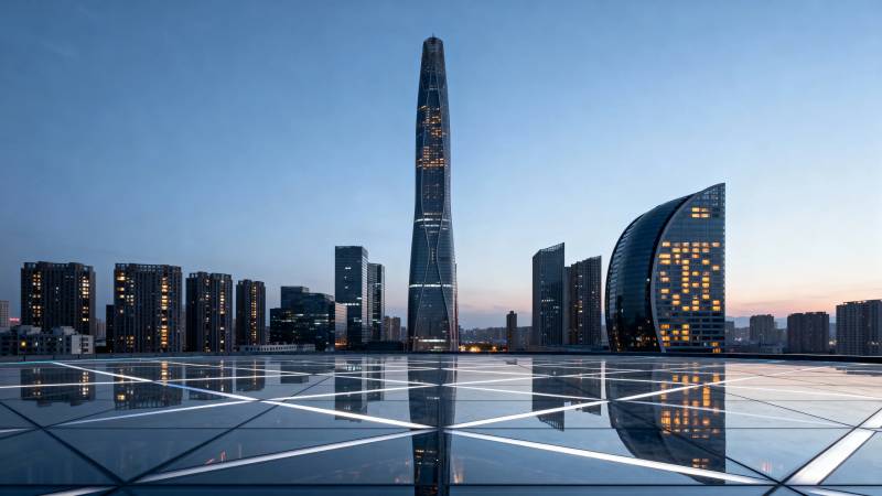 城市天际线 玻璃平台倒影图片