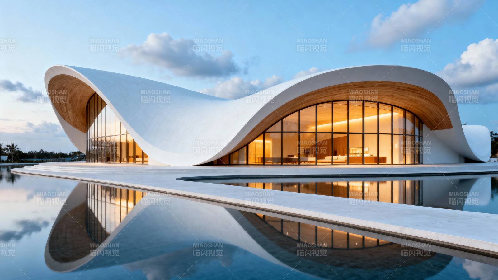流线白建筑映水如镜图片