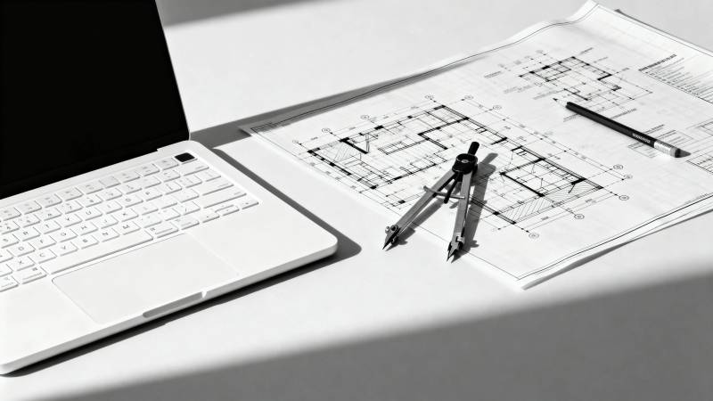 设计桌上的蓝图与工具图片