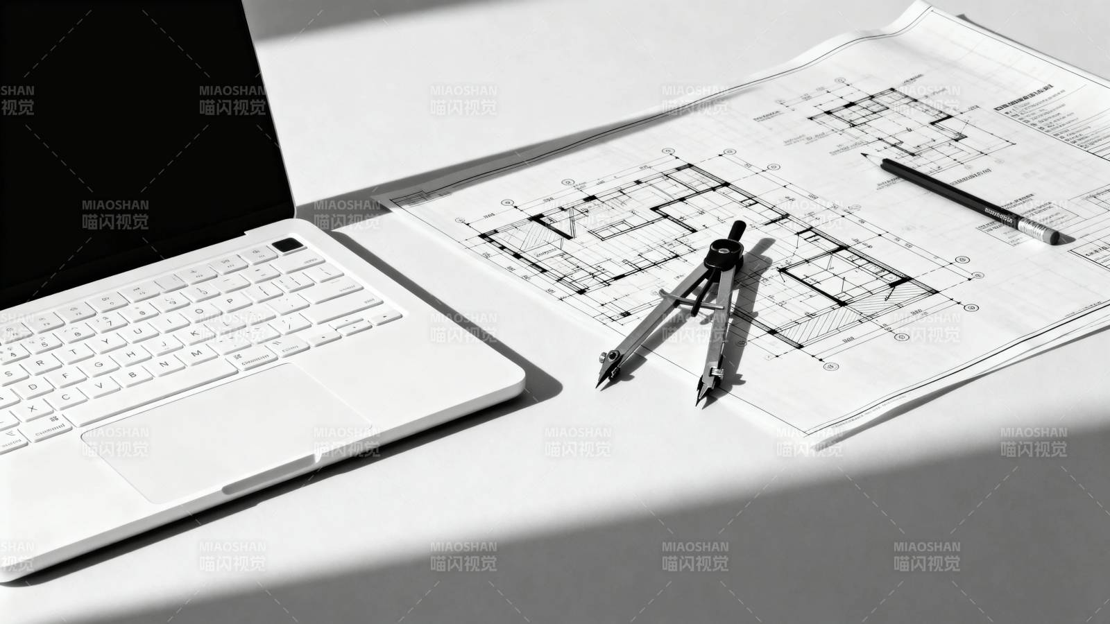 设计桌上的蓝图与工具图片