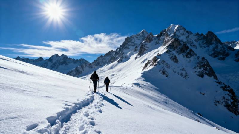 雪山徒步 阳光耀峰顶图片