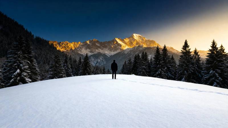 雪原孤影望金山图片