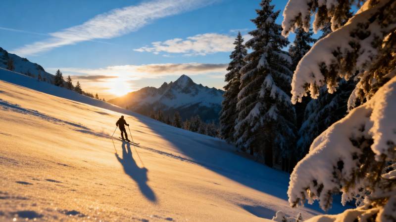 雪坡夕阳 一人滑雪影长图片