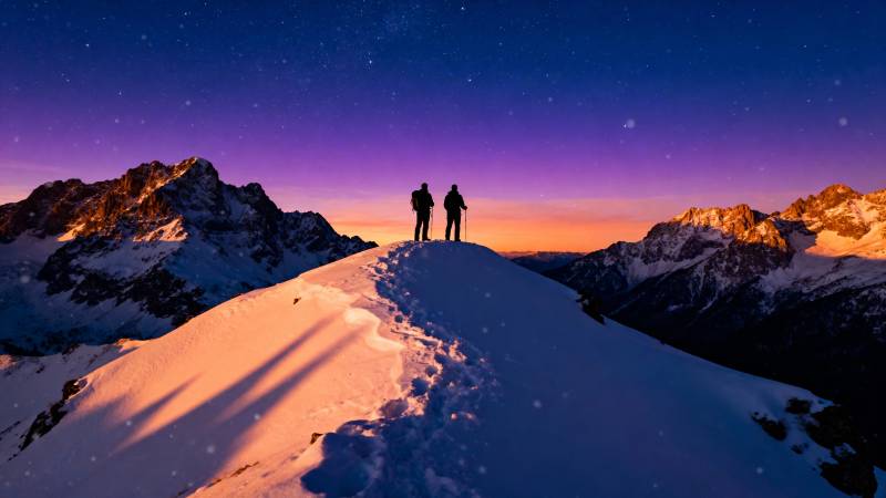雪山星空下的双人剪影图片