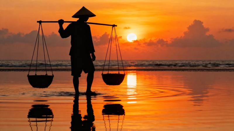 夕阳挑担人 海天共一色图片