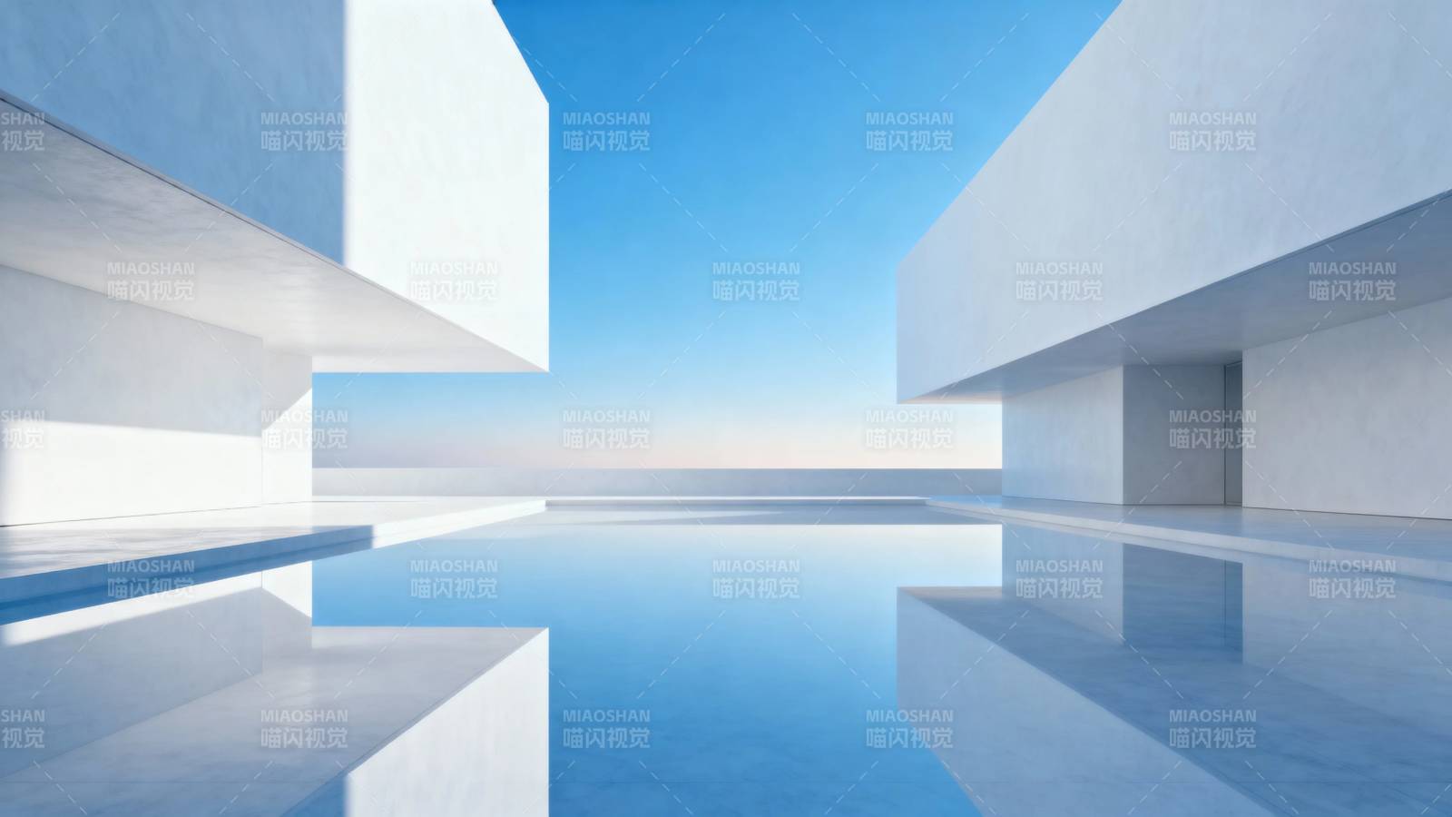 极简白建筑与蓝天倒影图片
