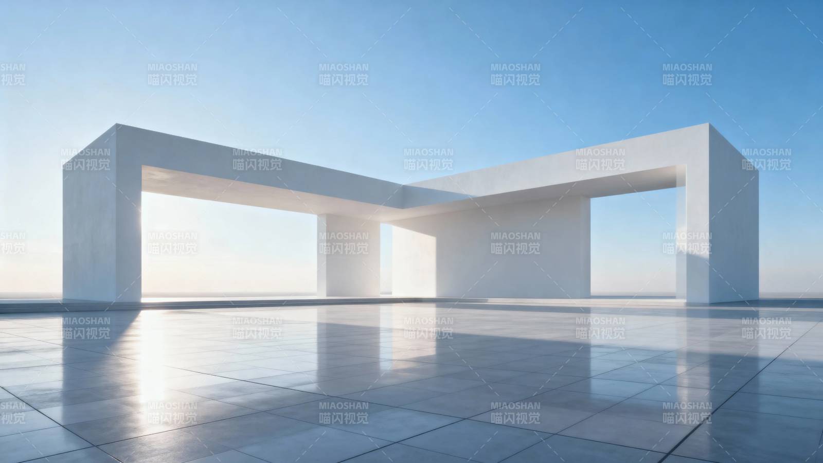 白色几何建筑映蓝天图片