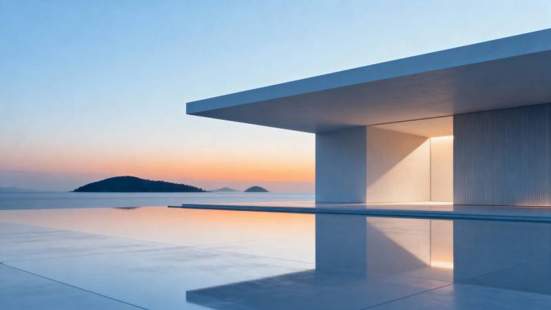 海畔极简建筑 暮色静谧图片