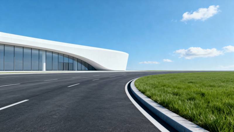 现代建筑旁的弯曲公路图片