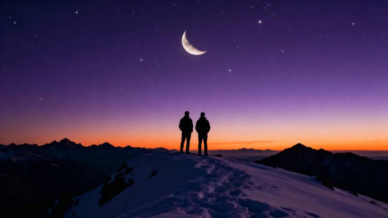 雪山月夜 双人望星图片