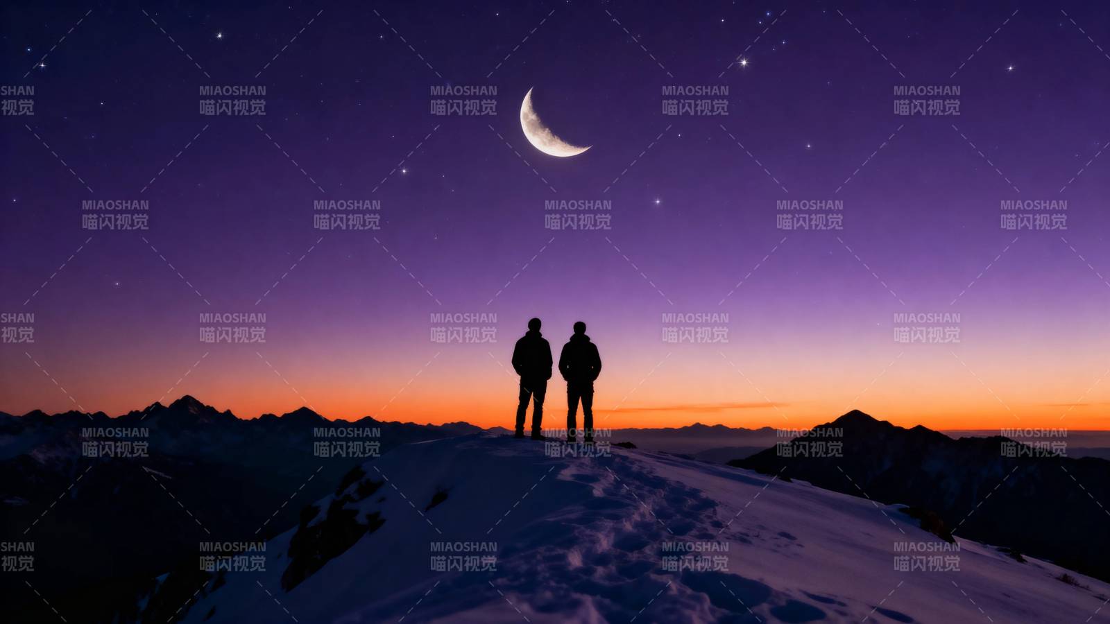 雪山月夜 双人望星图片