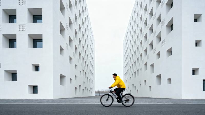 黄衣骑手穿行白色楼宇间图片