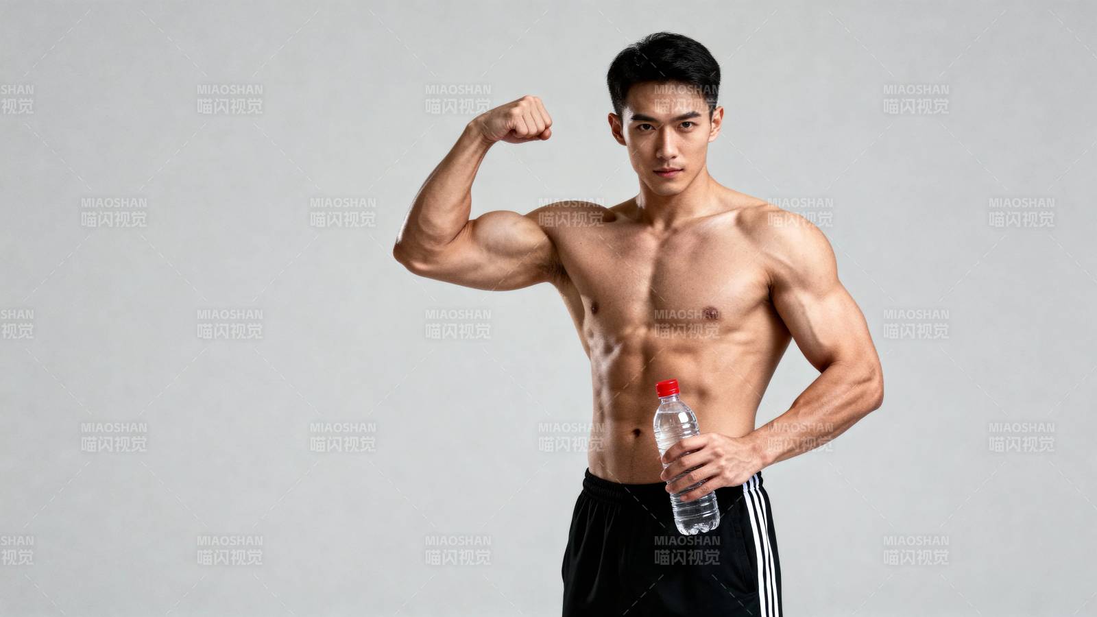 健硕男秀肌肉持水瓶图片