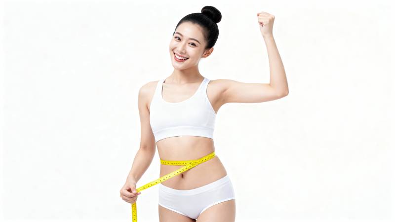 健身女孩量腰围 自信微笑秀成果图片