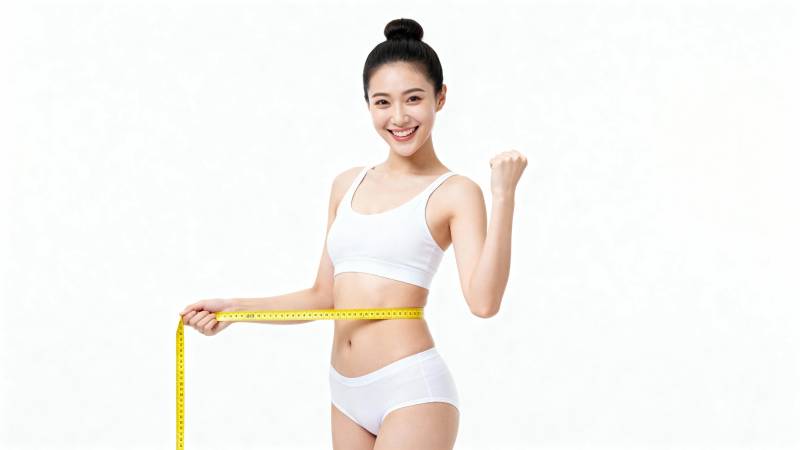 健身女孩量腰围 自信微笑图片