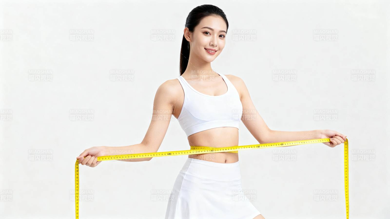 健身女孩量腰围 自信微笑图片