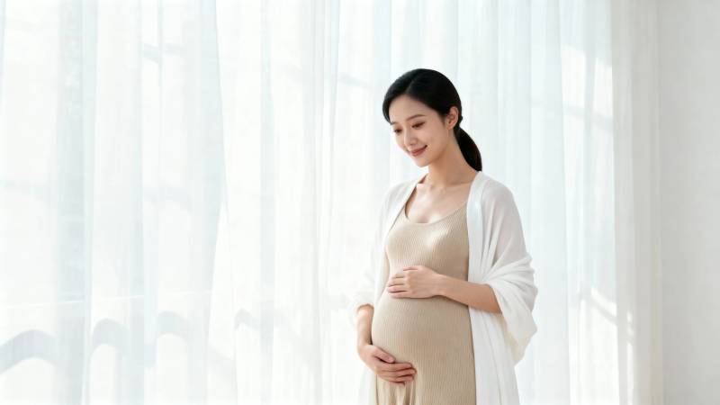 孕妇轻抚孕肚 温柔微笑图片