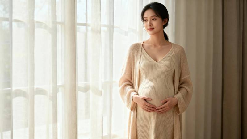 孕妈窗边轻抚腹 温柔待产时图片