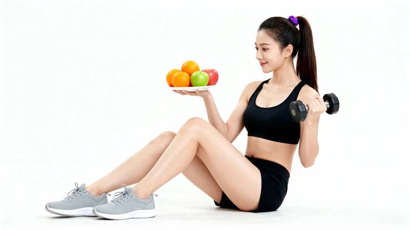 健身女孩持果哑铃坐姿图片