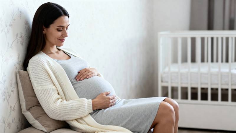 孕妈妈轻抚 belly 温馨待产图片