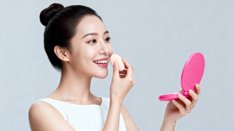 美妆达人手持粉镜上妆图片