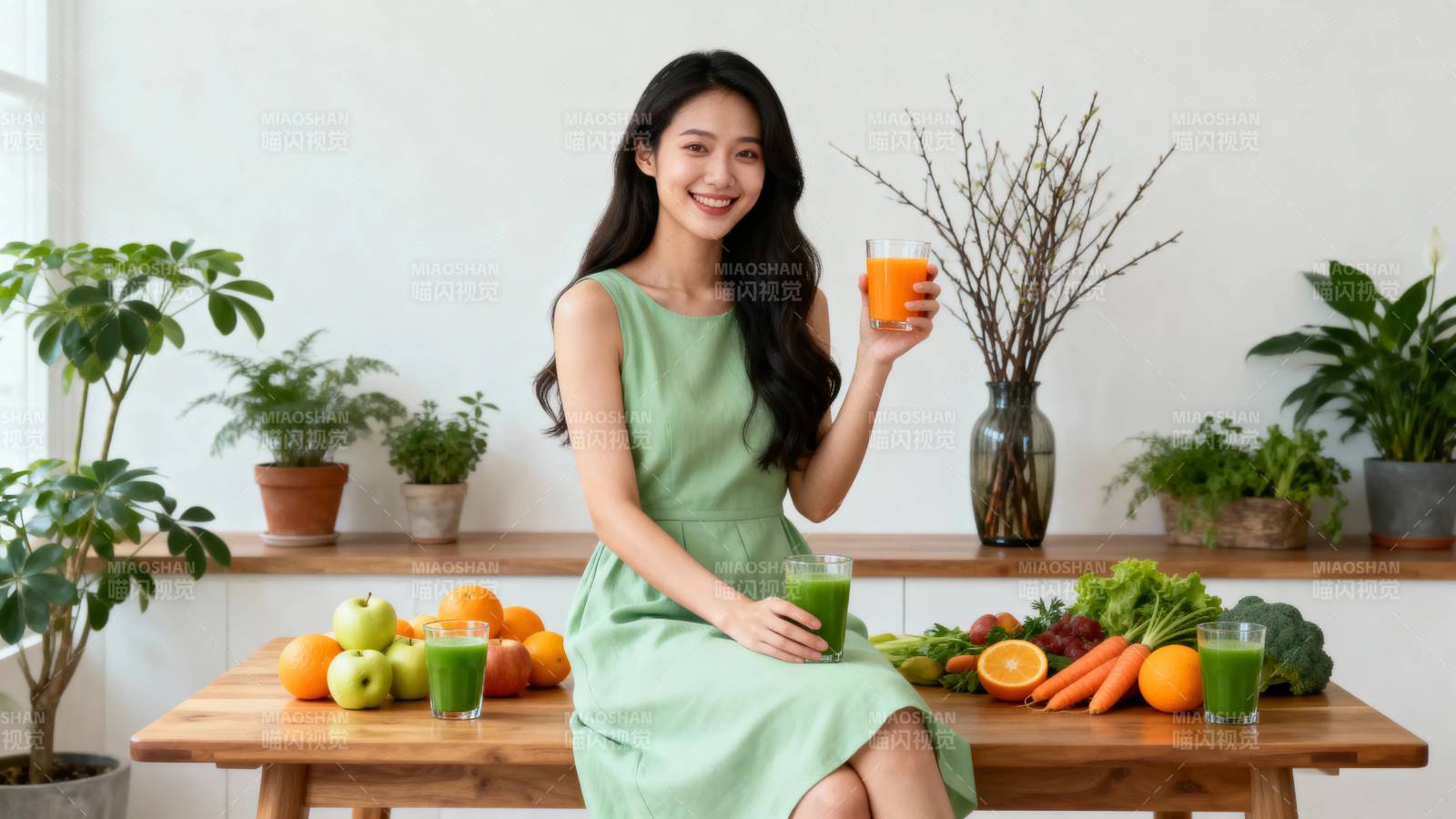 绿裙女子享鲜果橙汁时光图片