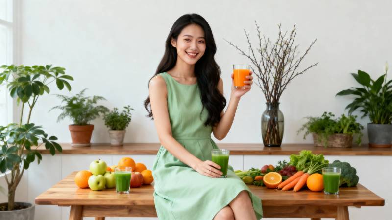 绿裙女子享鲜果橙汁时光图片