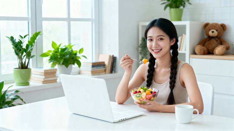 女孩边吃沙拉边用笔记本图片