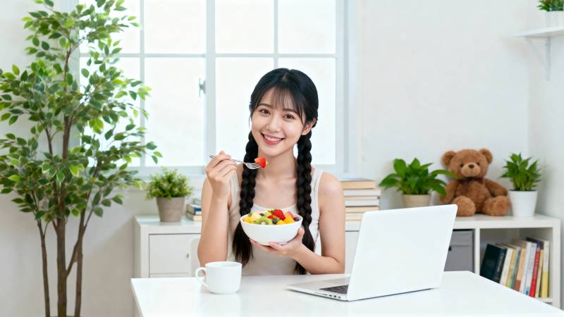 女孩边吃沙拉边用电脑图片