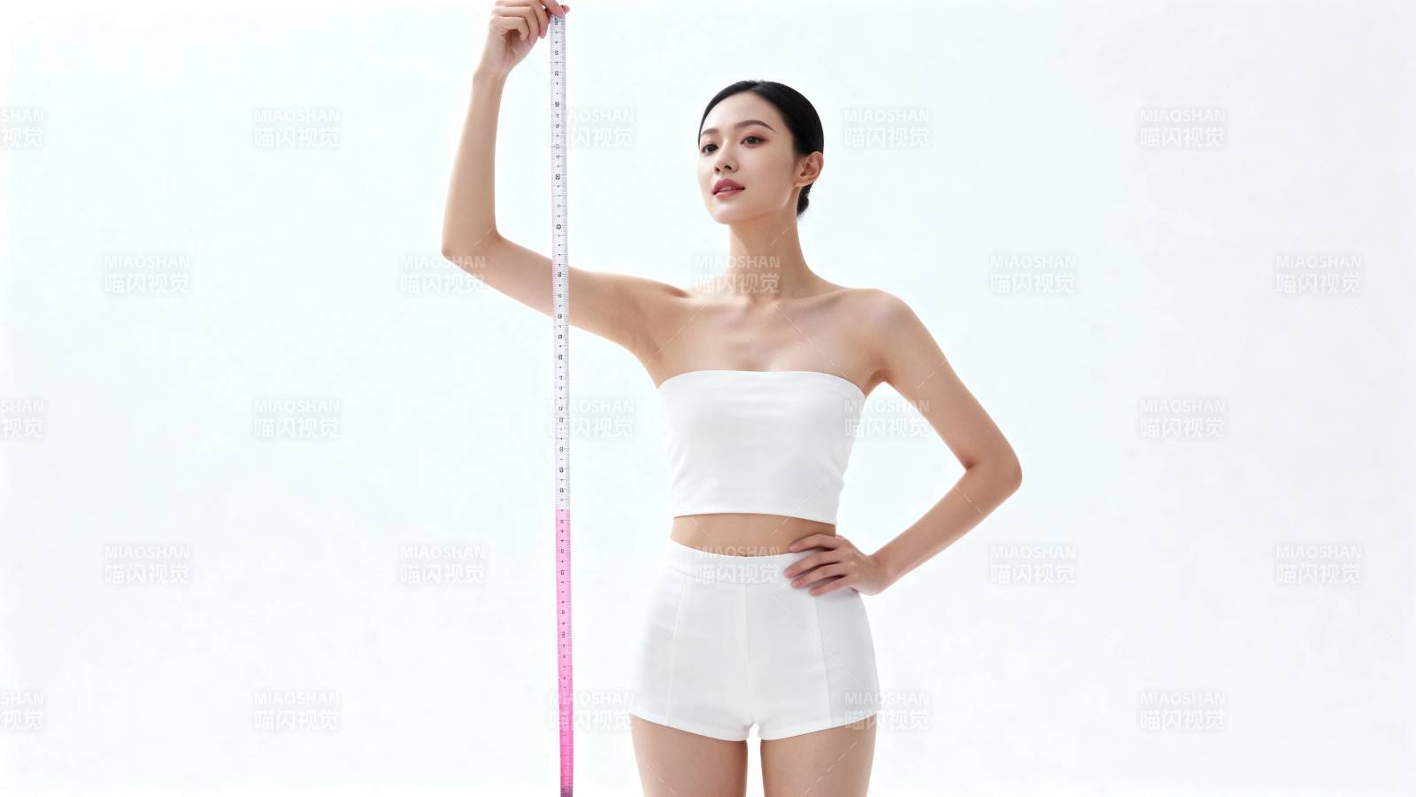 白衣女子持尺测身高图片