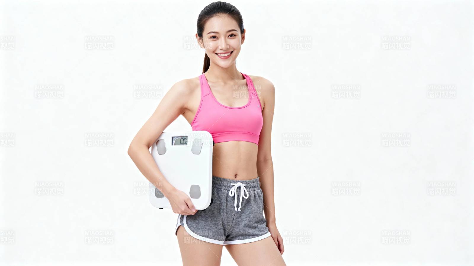 健身女孩持体重秤微笑图片