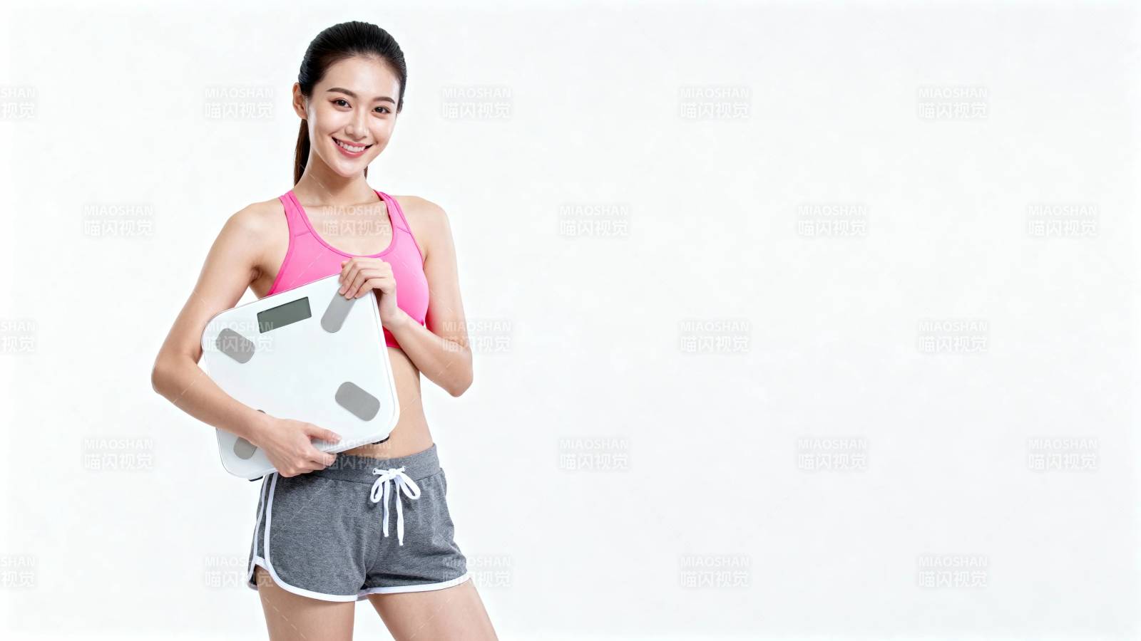 健身女孩抱体重秤微笑图片