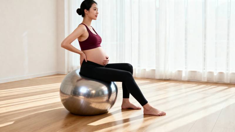 孕妇坐健身球舒缓腰背图片