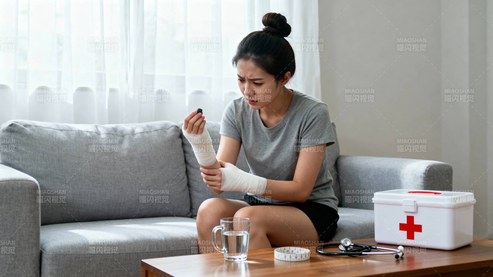 女子包扎伤口 旁有急救箱图片