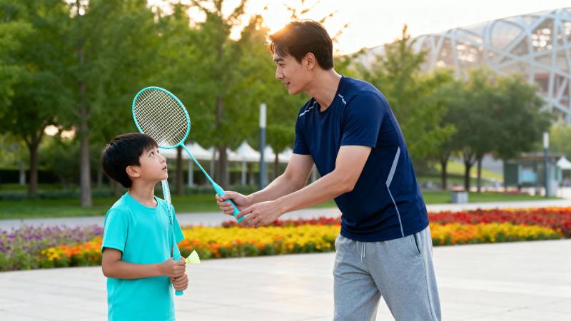 父子公园打羽毛球图片