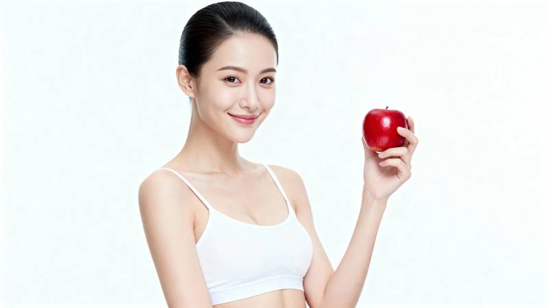 健康美女手持红苹果图片