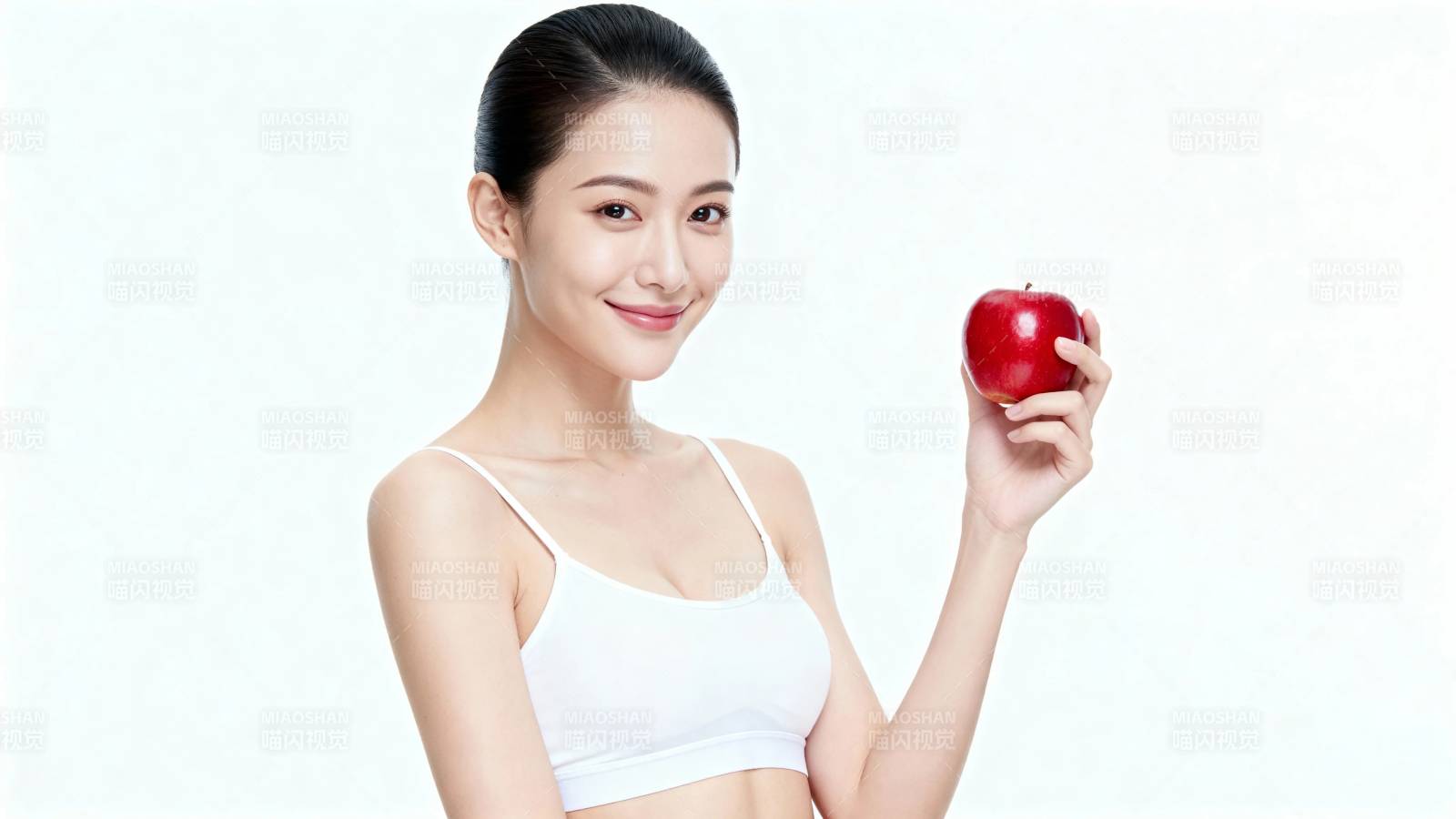 健康美女手持红苹果图片