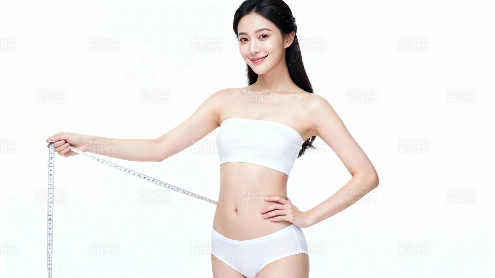 白衣女子量腰围 自信微笑展身材图片