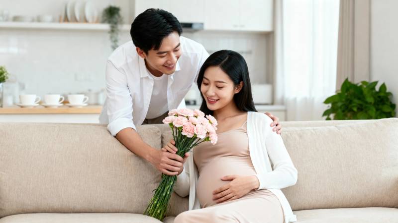 孕妻收花 夫君温柔相伴图片
