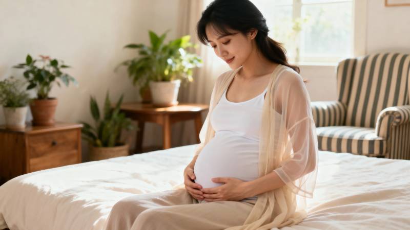 孕妇静坐床畔 轻抚孕肚图片