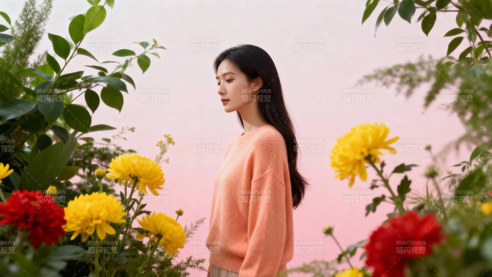 花间少女 粉衣静立图片