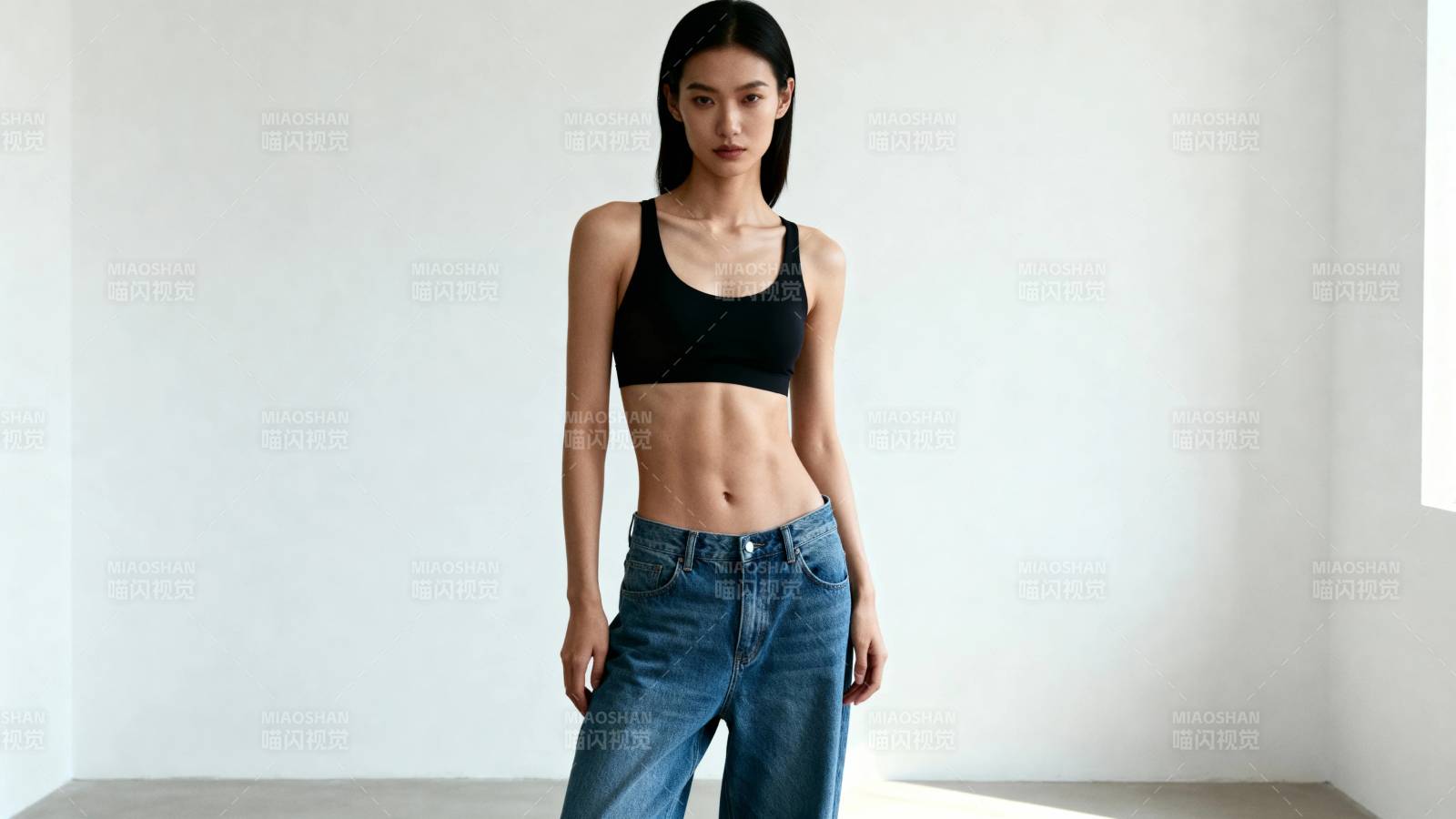 黑背心牛仔裤 简约时尚风图片