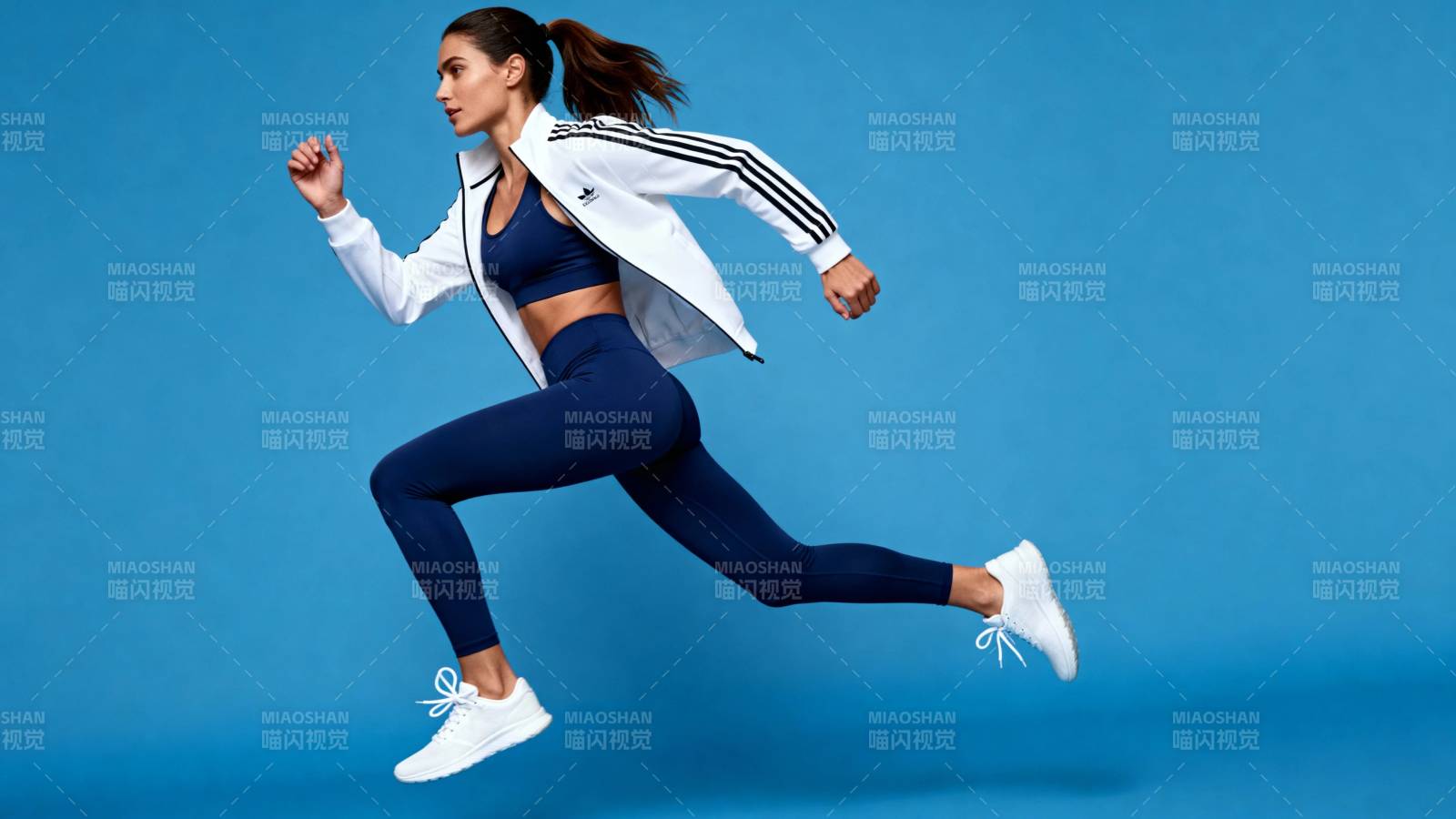 蓝底奔跑女子 活力运动风图片