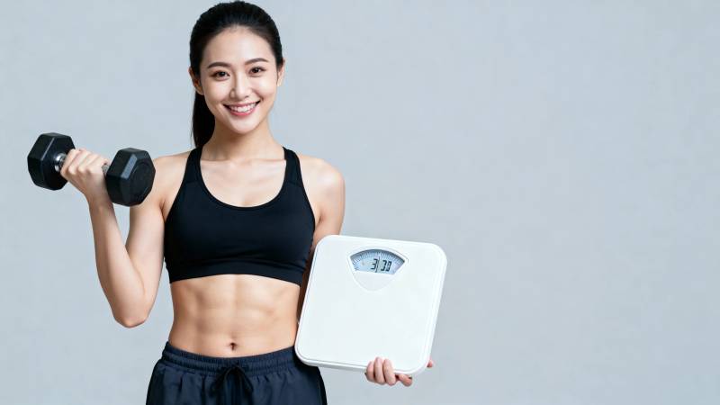 健身女孩持哑铃与体重秤图片