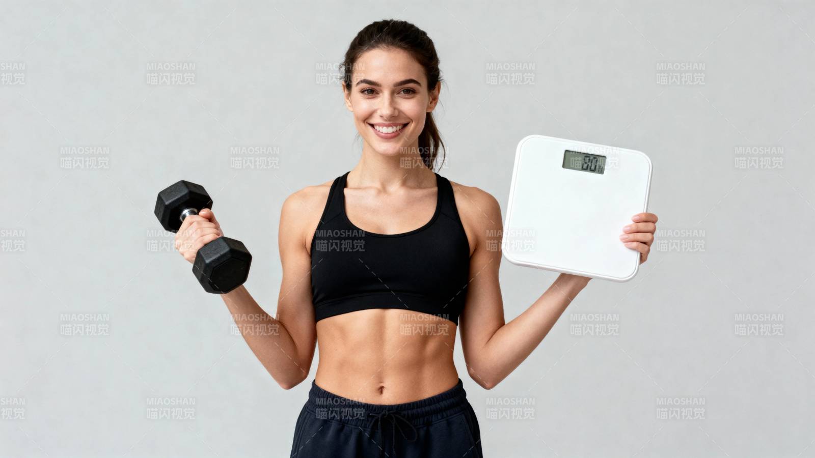 健身女孩持哑铃与体重秤图片